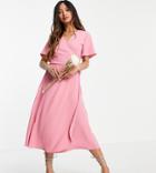 Vila Bridesmaid Midi Short Sleeve Wrap Dress In Pink