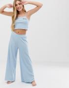 Asos Design Mix And Match Ribbed Pyjama Pants With Lettuce Hem-blue