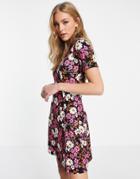 Asos Design Mini Tea Dress In Black Floral Print