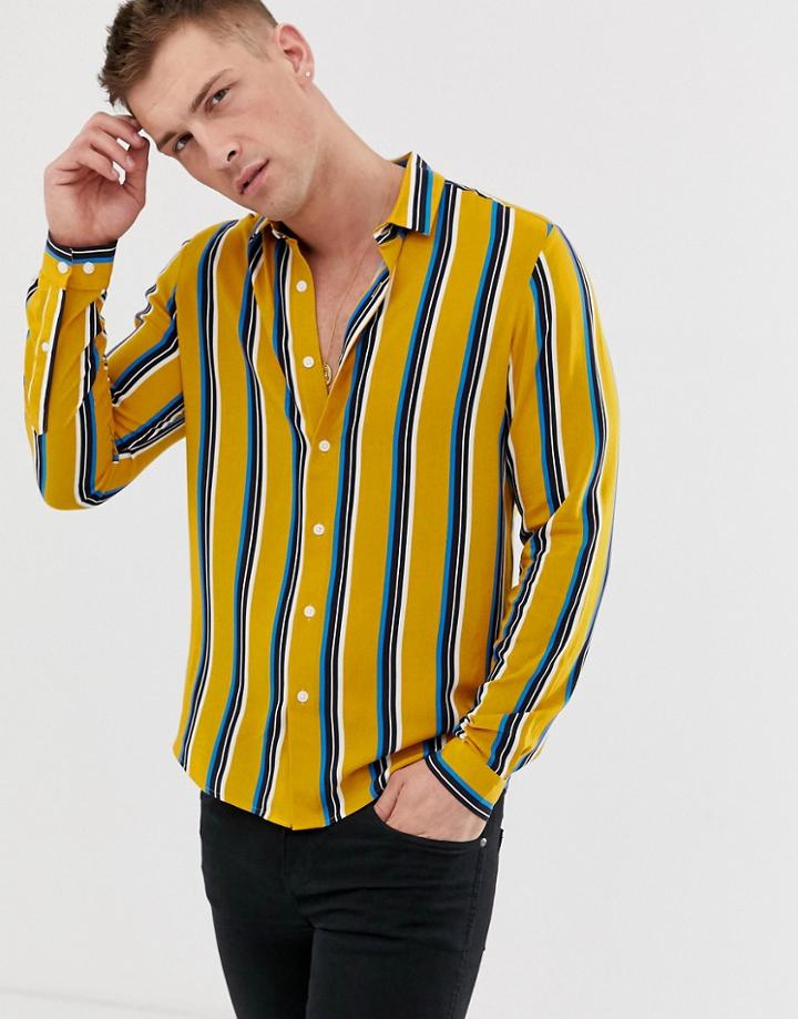 Asos Design Regular Fit Stripe Shirt With Deep Revere Collar-yellow