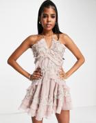 Asos Design Embellished Halter Neck Key Hole Detail Tiered Mini Dress In Blush-pink