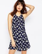 Asos Woven Playsuit In Daisy Print - Navy