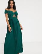 Asos Design Fuller Bust Premium Lace And Pleat Bardot Maxi Dress-green