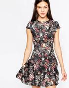 Club L Trumpet Hem Dress In Floral Bird Print - Black