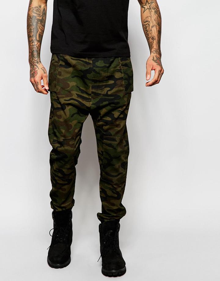 Asos Drop Crotch Joggers In Camo Twill Overdye - Khaki