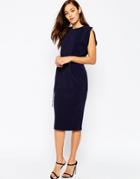 Asos Belted Midi Dress With Split Cap Sleeve And Pencil Skirt - Navy