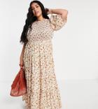 Asos Design Curve Shirred Tiered Maxi Dress In Cream Floral Print-multi