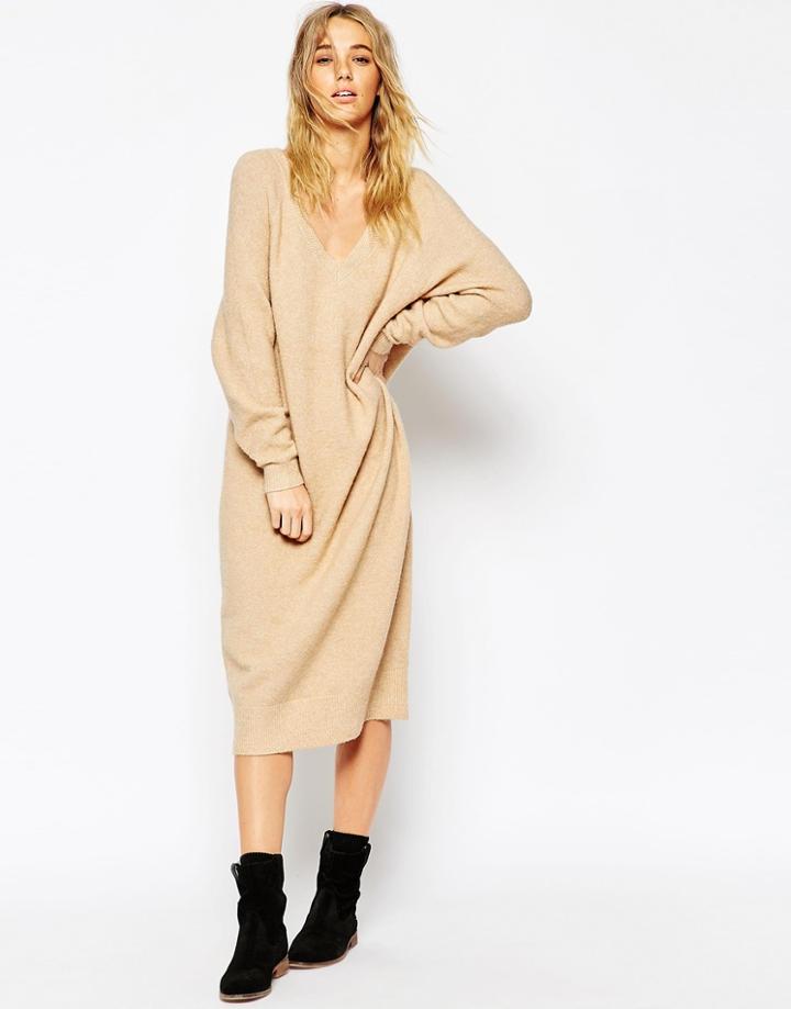Asos Midi Dress In Mohair With V-neck - Camel