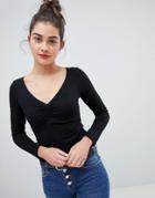 Asos Design Long Sleeve Top With Ruched Front - Black