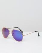 Jeepers Peepers Aviator Sunglasses In Blue Mirror Lens - Silver