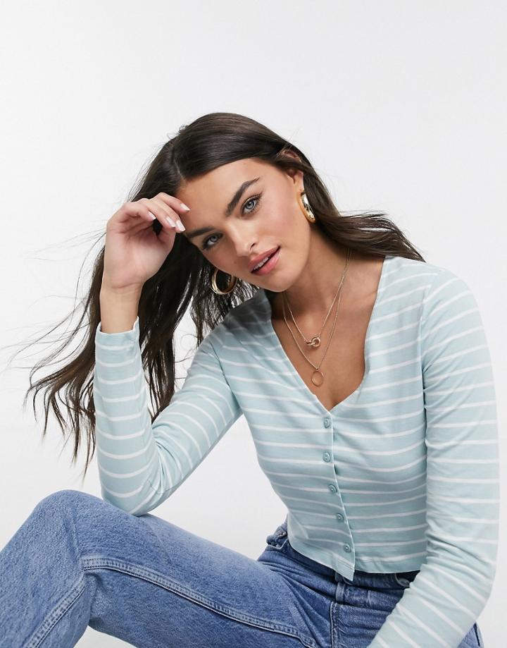 Asos Design Fitted Top With Buttons In Stripe-green