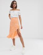 Bershka Ditsy Floral Asymmetric Skirt In Orange - Orange