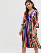 Influence Flared Sleeve Wrap Dress In Rainbow Stripe-multi