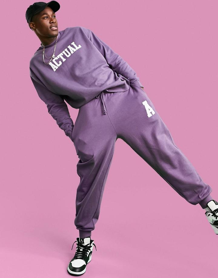 Asos Actual Relaxed Sweatpants In Purple With Varsity Logo Print