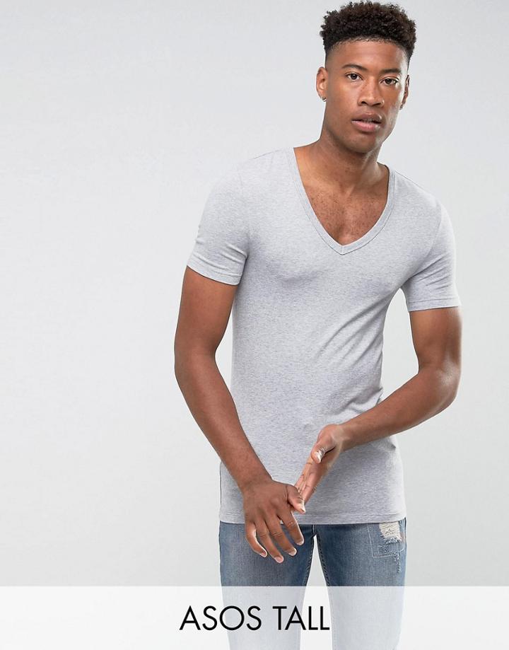 Asos Tall Extreme Muscle Fit T-shirt With V Neck In Gray - Gray