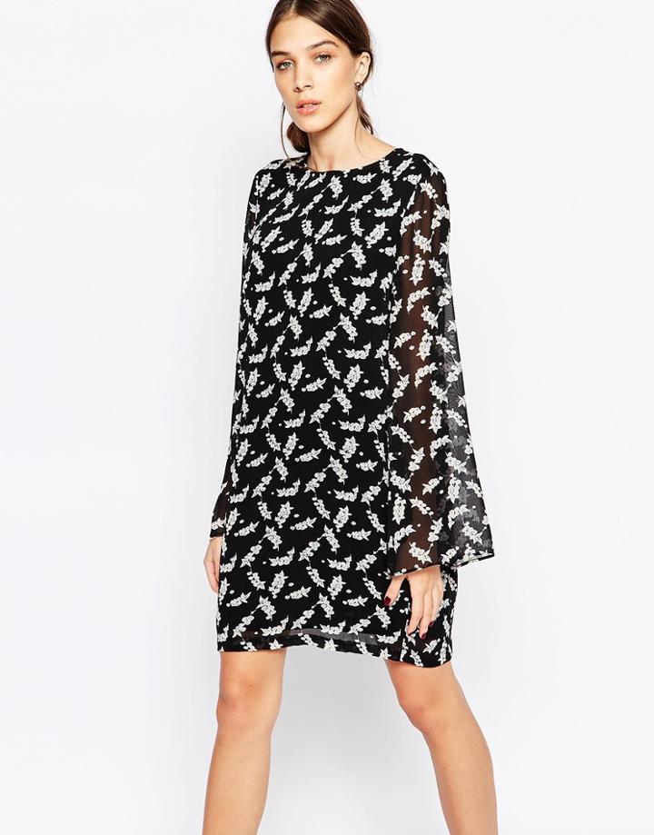 Ganni Mini Dress In Floral Print With Fluted Sleeves - Black 672