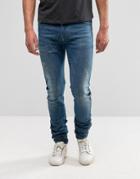 Asos Skinny Longline Jeans With Light Distressing In Dark Blue - Blue