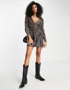 Asos Design Plisse Frill Wrap Mini Dress In Leopard Print-multi