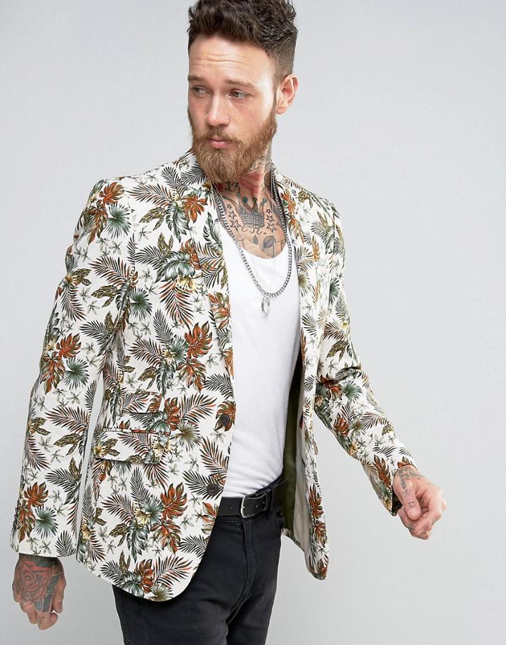 Devils Advocate Skinny Fit Floral Jacket - Beige