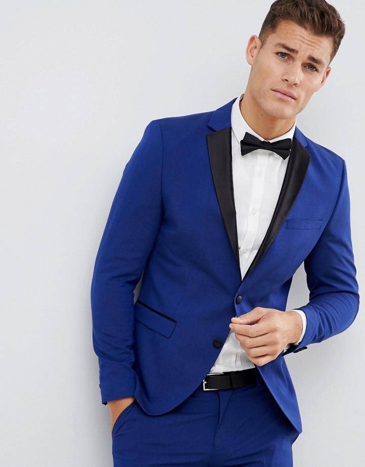Selected Homme Tuxedo Suit Jacket With Square Hem And Satin Lapel In Skinny Fit - Blue