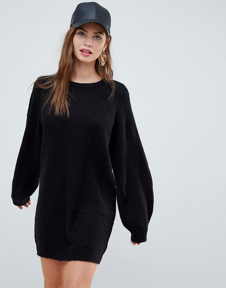 Brave Soul Lulu Sweater Dress With Balloon Sleeves-black