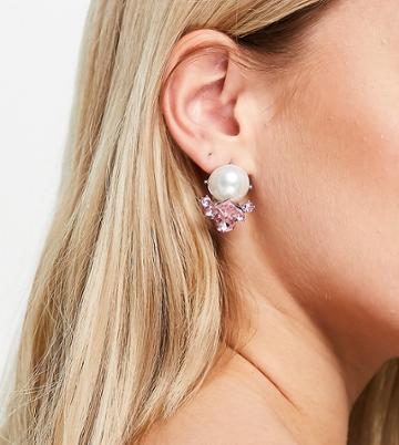 True Decadence Exclusive Stud Earrings With Pearl And Pink Stone Cluster-silver