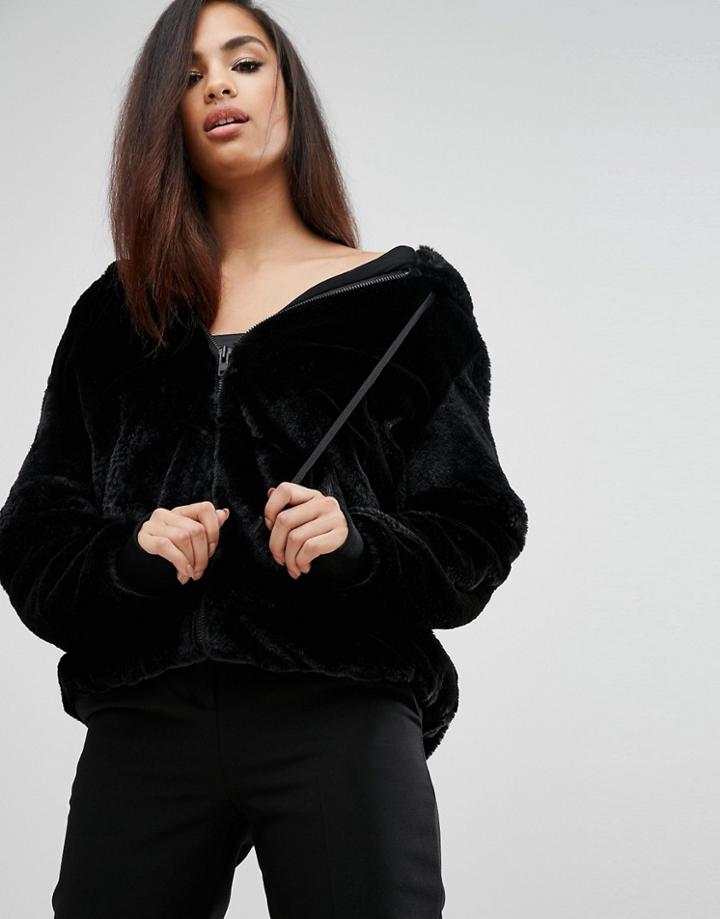Kendall + Kylie Faux Fur Zip-up Hoodie - Black