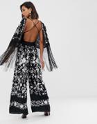 Asos Edition Embroidered Jumpsuit With Fringe-black