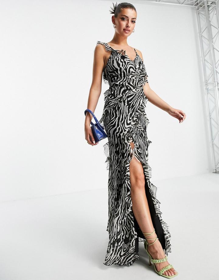Asos Design Tiered Ruffle Detail Maxi Dress With Tie Back And Button Side In Zebra Print-multi