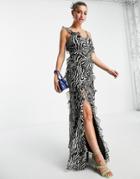 Asos Design Tiered Ruffle Detail Maxi Dress With Tie Back And Button Side In Zebra Print-multi