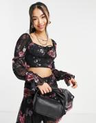 Love Triangle Milkmaid Top With Puff Sleeves In Black Floral - Part Of A Set