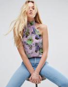 Asos Shell Top With Shirring Detail In Lilac Floral - Purple