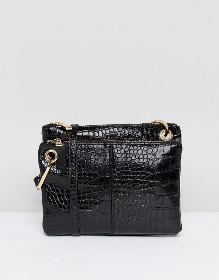 Asos Double Compartment Croc Cross Body Bag - Black