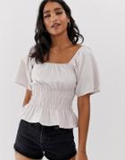 Asos Design Square Neck Shirred Sun Top With Pep Hem-white
