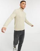 Asos Design Cableknit Rollneck Sweater In Oatmeal-neutral