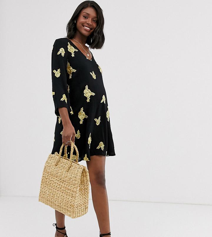 Wild Honey Maternity Swing Dress With All Over Embroidery-black