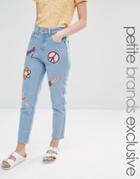 Liquor & Poker Petite Mom Jeans With Multi Sequin Badges - Blue