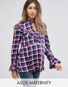 Asos Maternity Check Top With Flared Sleeve And Ruffles - Multi