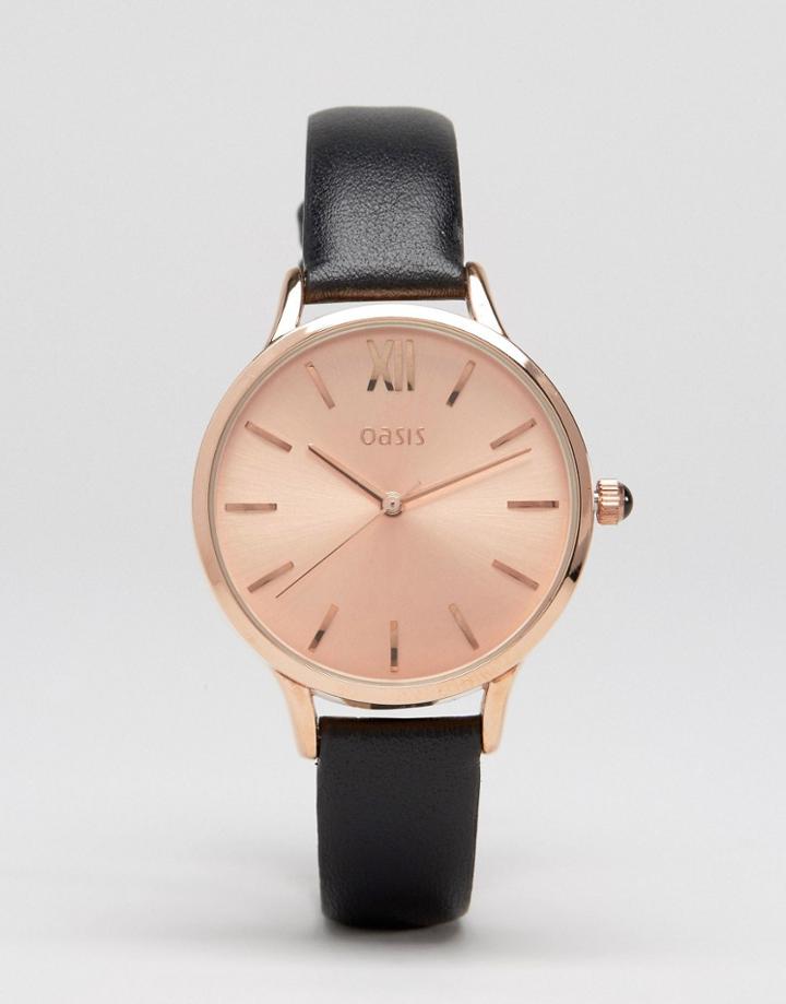 Oasis Black Leather & Rose Gold Watch - Black