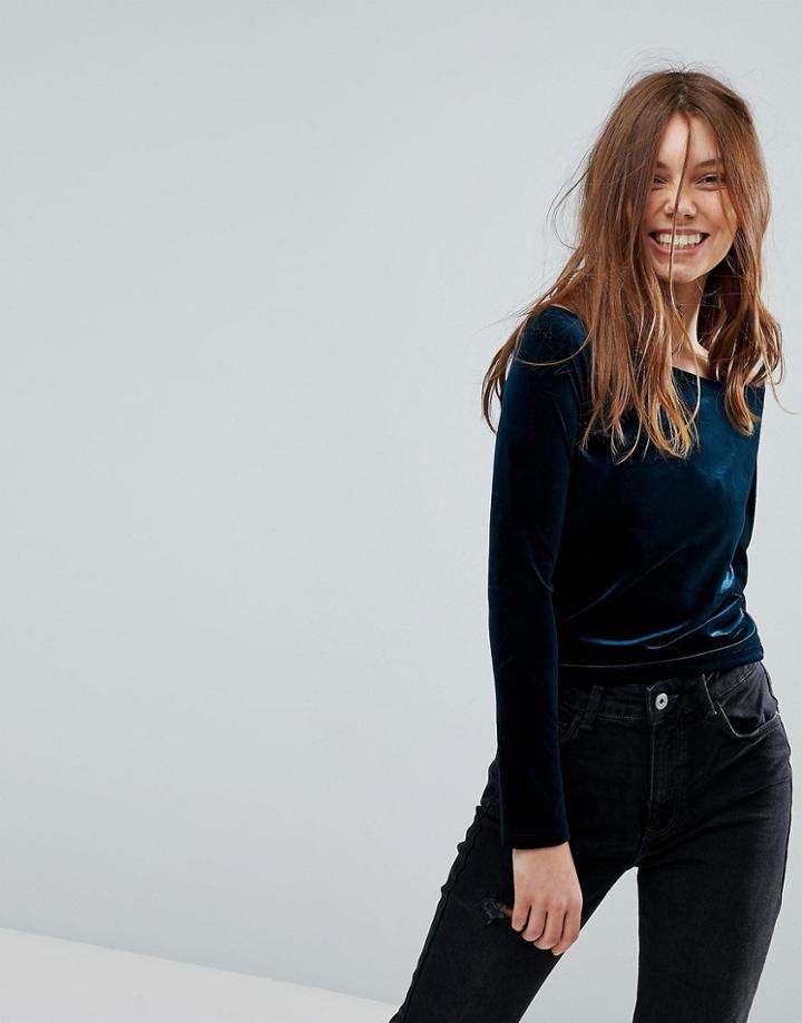Bershka Velvet Bardot Top - Green