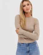 Asos Design Crew Neck Sweater In Skinny Rib - Stone
