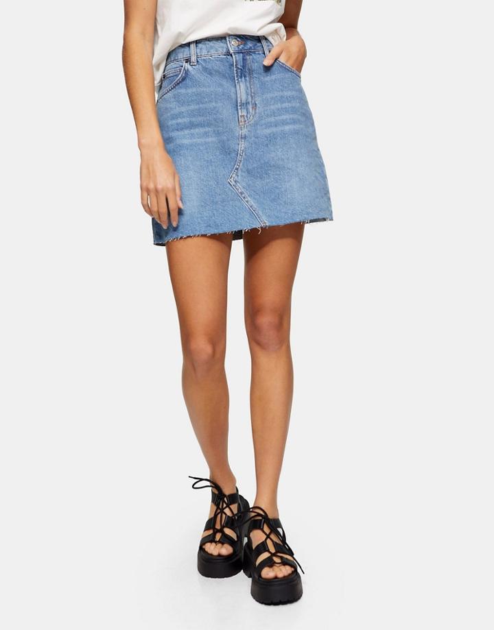 Topshop High-waist Denim Mini Skirt In Mid Wash Blue-blues