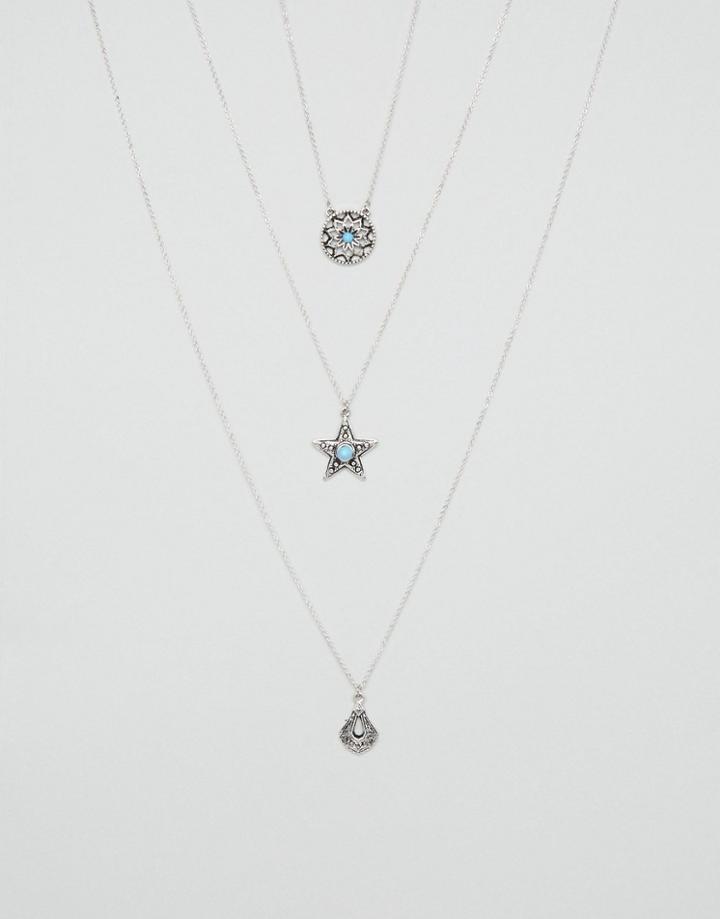 Asos Sun And Star Multirow Necklace - Silver