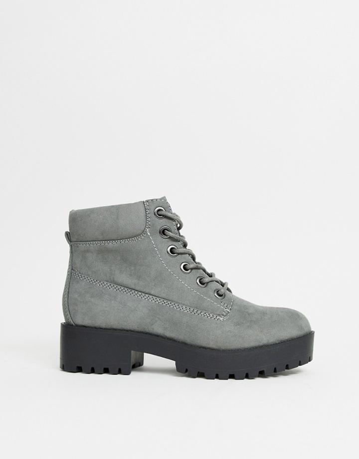 New Look Chunky Lace Up Flat Boot In Mid Gray - Gray
