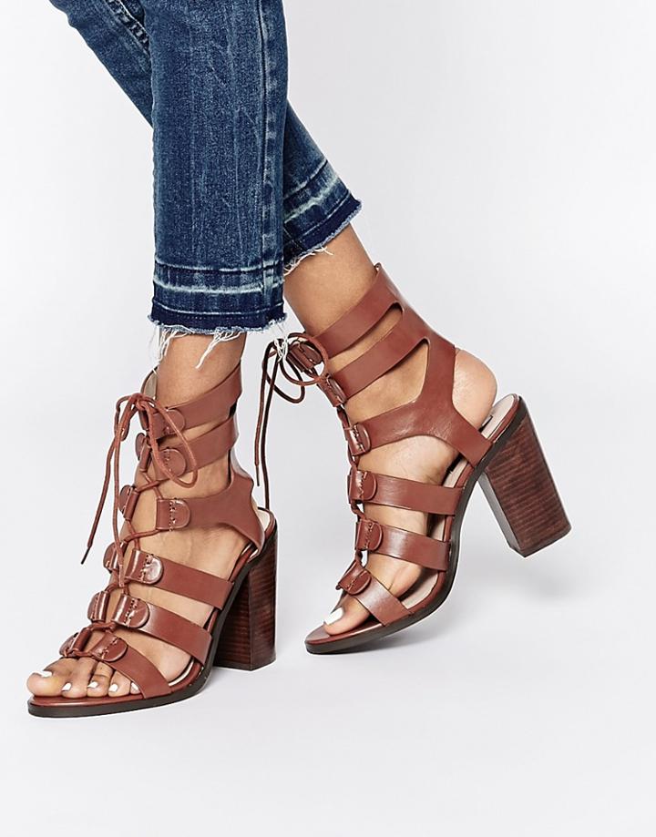 Lost Ink Roman Ghillie Lace Up Heeled Sandals - Tan