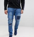 Duke Plus Biker Jeans In Tapered Fit With Rips And Repairs - Blue