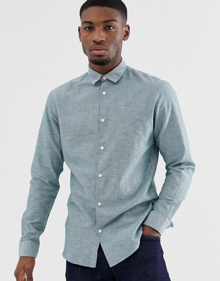 Selected Homme Slim Fit Linen Mix Shirt In Light Green - Blue