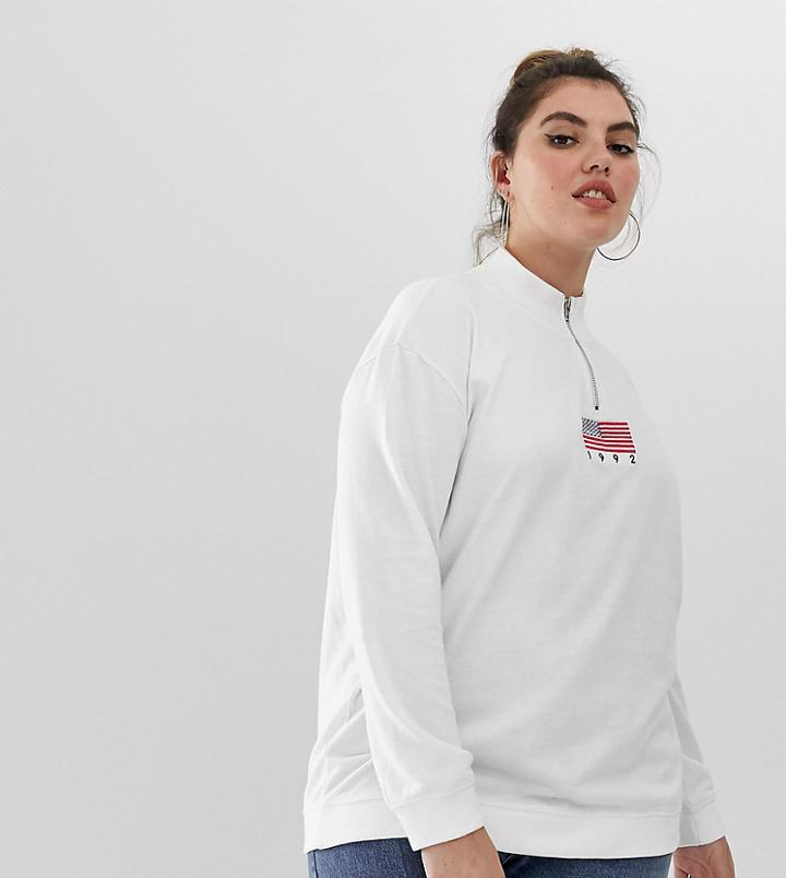 Daisy Street Plus Half Zip Sweatshirt With Vintage 1984 Embroidery - White