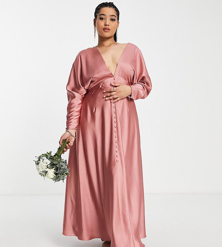 Asos Edition Curve Satin Lattice Back Maxi Dress In Dusky Rose-pink