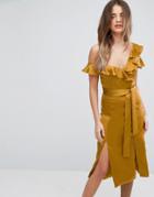 Lavish Alice Gold Satin Asymmetric Frill Midi Dress - Gold